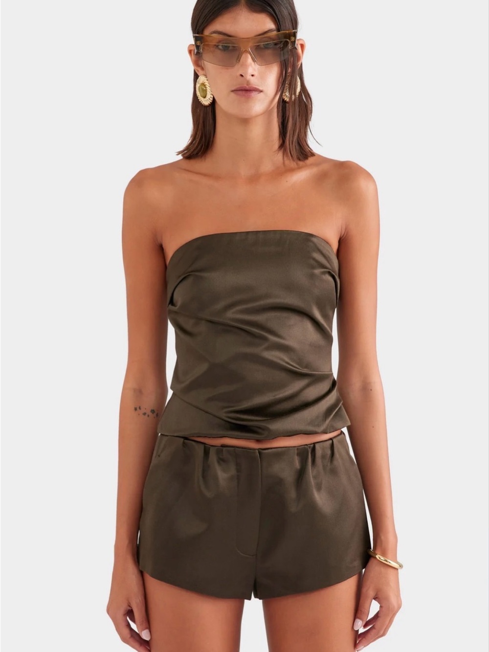 NWT VENROY Silk Cotton Strapless Bustier SIZE S DARK OLIVE
